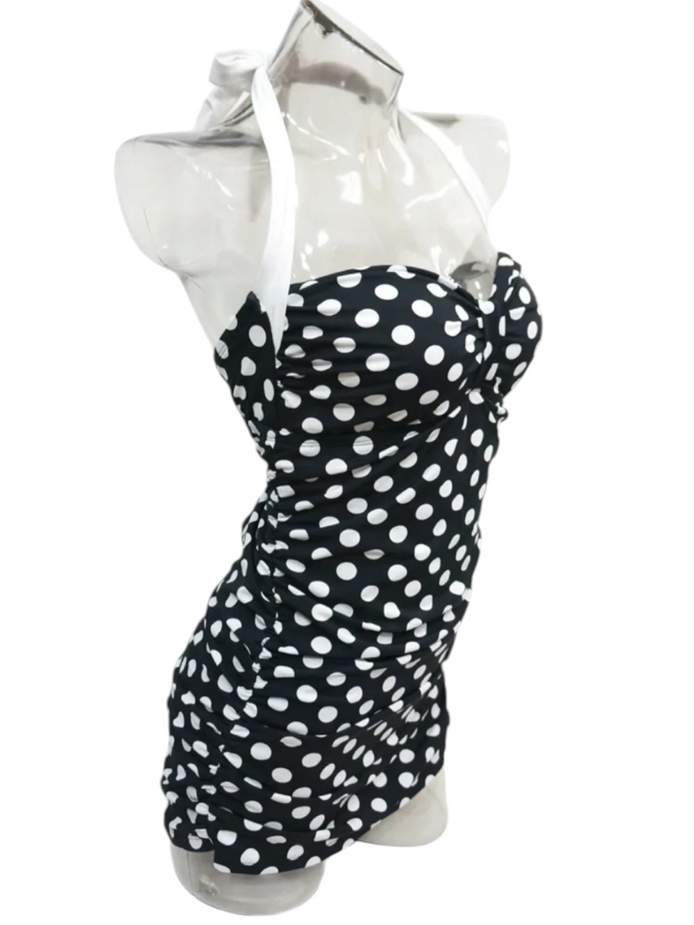 Chaps One Piece Swimsuit Black White Polka Dot Women's Size 16 Ruching Haltertop